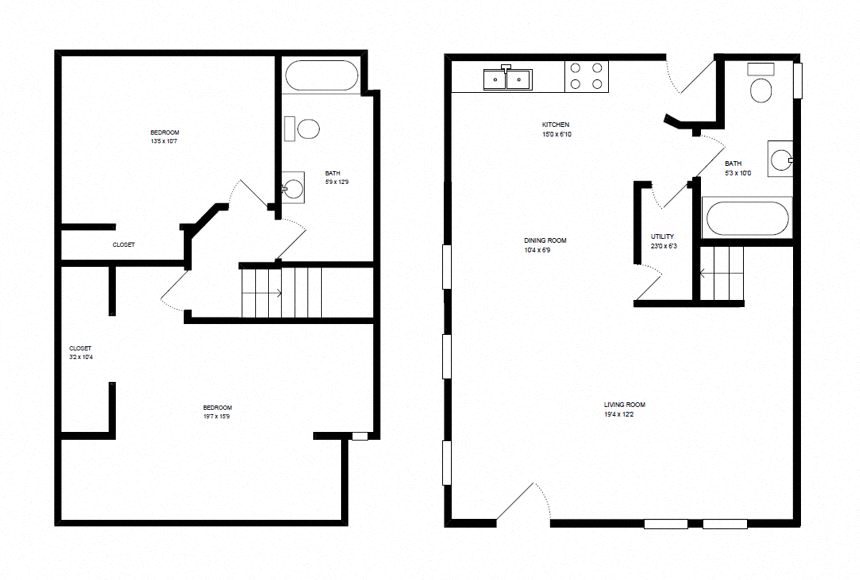Floor plan for 2 beds, 1 bath, 1200 sqft
